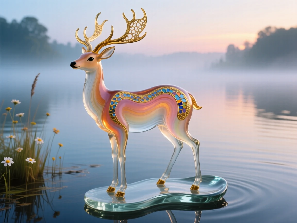 A lone deer standing at the edge of a misty lake at dawn, tranquil and watchful.