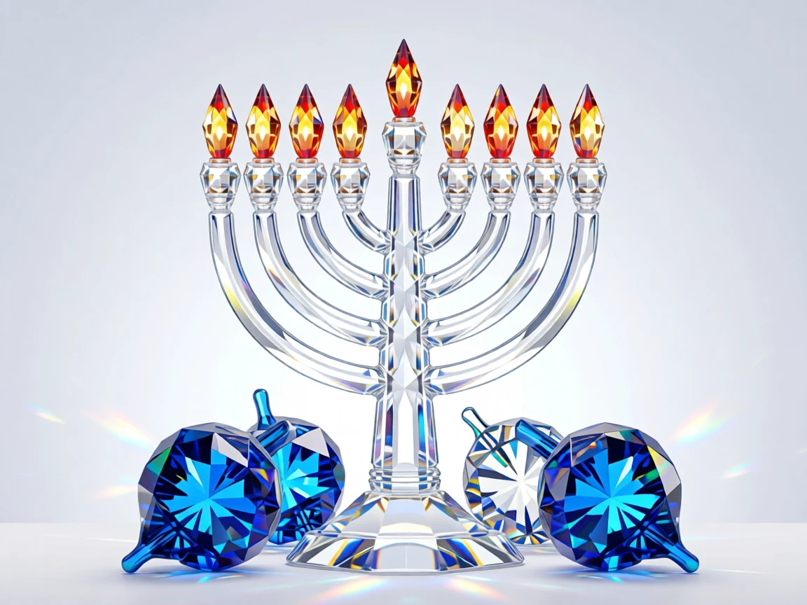 A festive Hanukkah scene with a glowing menorah and traditional dreidels.