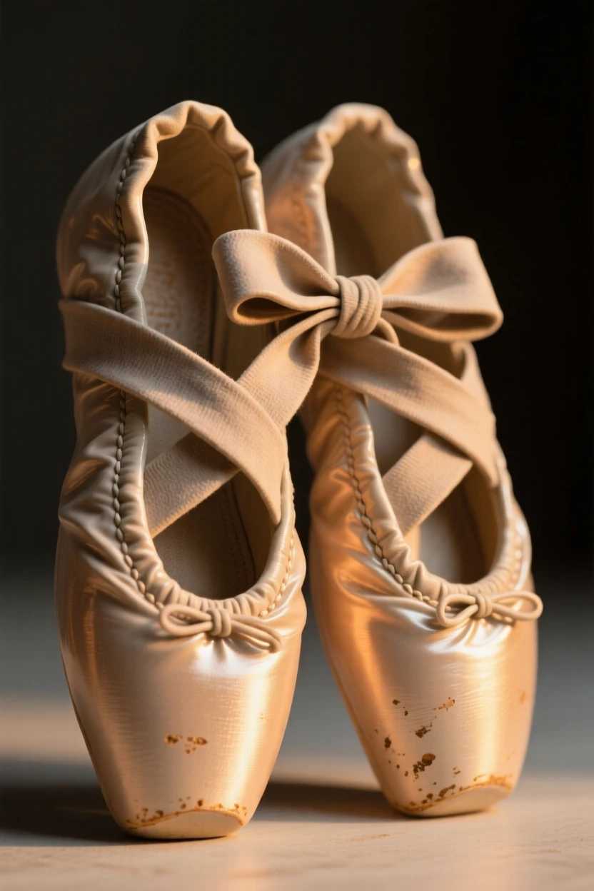 A pair of ballet shoes tied with ribbon illuminated by a single warm light source, bathed in a nostalgic golden glow, stirring fond memories of simpler times.