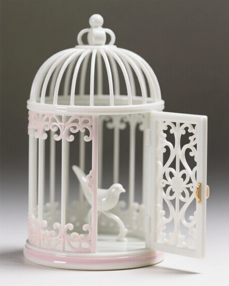 An elegant filigree birdcage with its door open, catching glints of light from every angle.