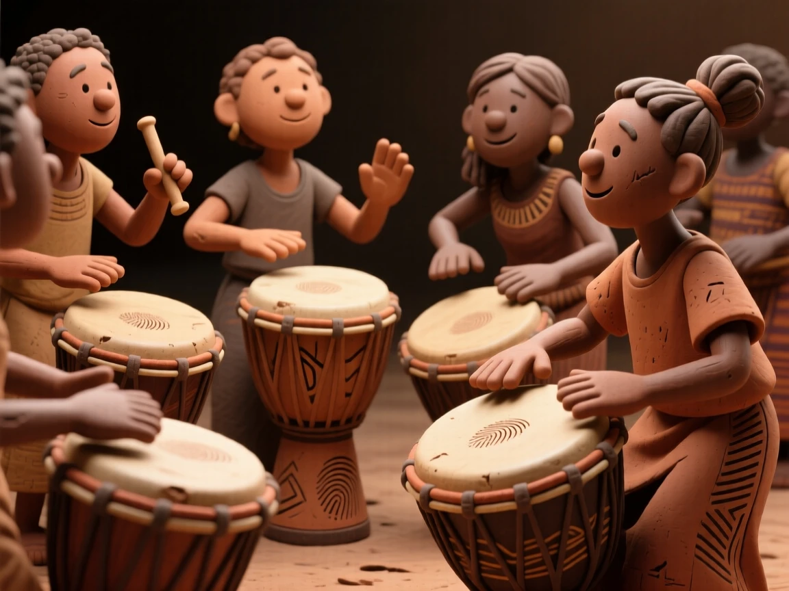 A group of performers playing traditional West African djembe drums