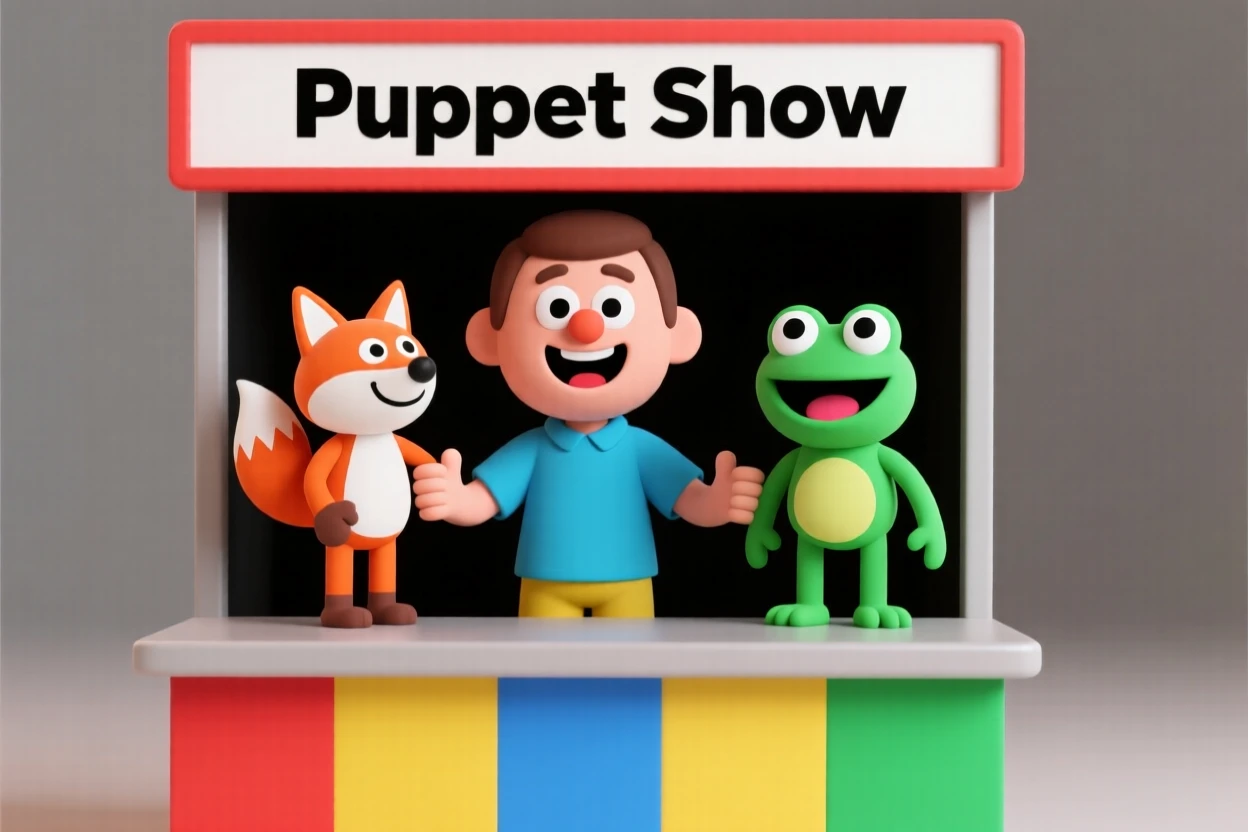 A cheerful puppet show performer voices two characters at once behind a colorful striped booth.