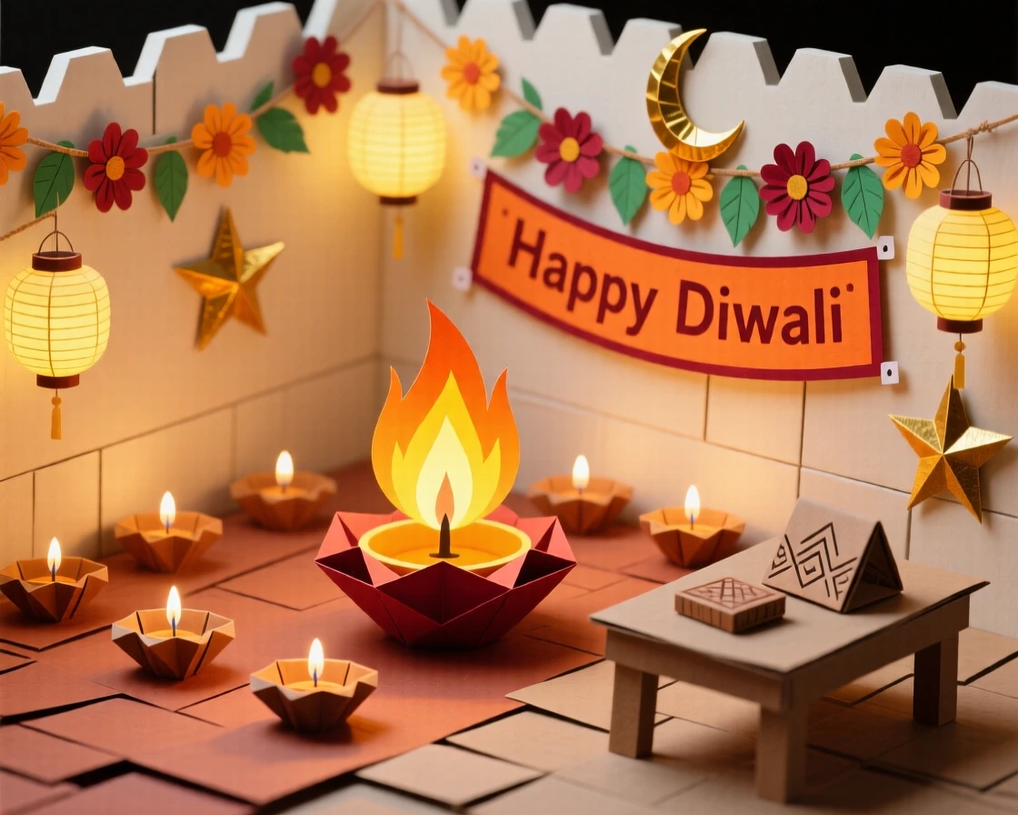 A glowing Diwali courtyard bustling with festive cheer, with garlands and ornaments adorning every corner, capturing cherished holiday tradition.