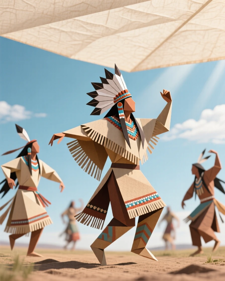 A Native American powwow scene with dancers in traditional regalia beneath an open sky.