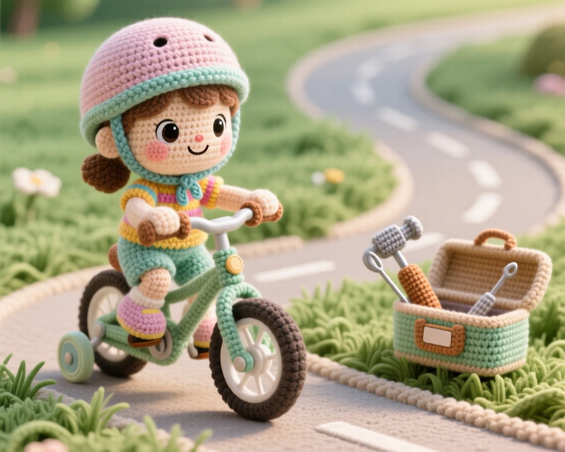 A cheerful scene of a little girl learning to ride a bicycle with training wheels and a helmet, pedaling confidently down a driveway within a grassy field perfect for outdoor play; a favorite well-worn tool resting close by nearby, full of cheerful curiosity and hands-on delight.