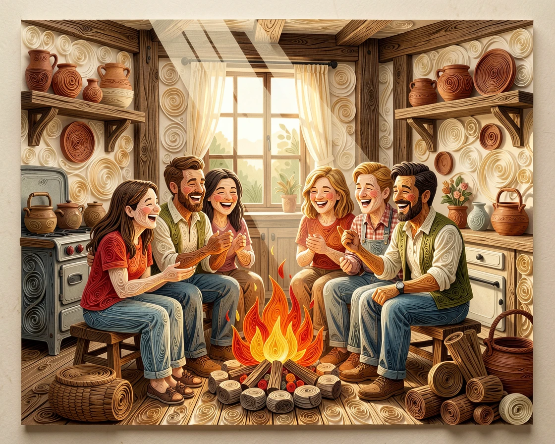 friends laughing together around a summer campfire, in a rustic farmhouse kitchen, framed with soft natural light streaming through a window, with gentle sunlight highlighting joyful smiles.