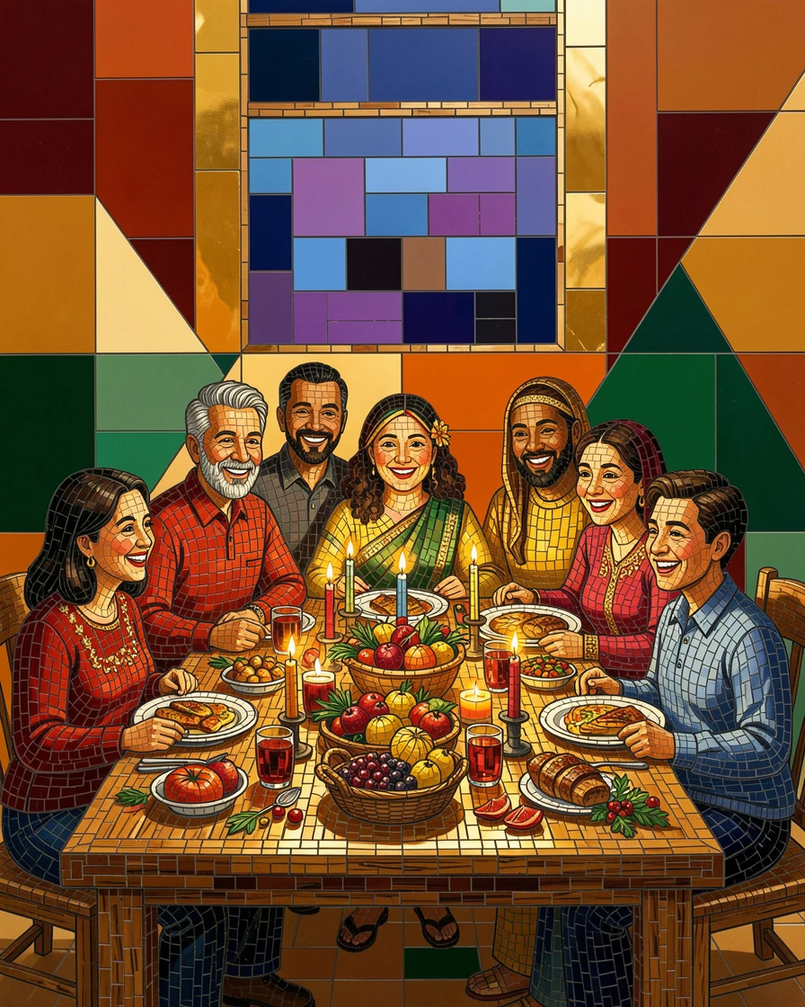 A vibrant, festive scene of a family gathered around a table for a warm holiday dinner, rich in color and cultural detail.