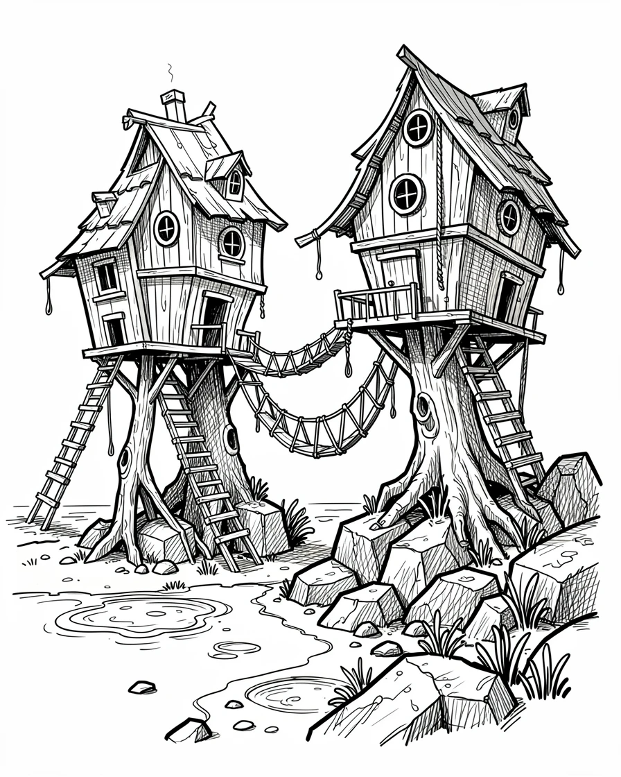 A treehouse village connected by wooden ladders on a rocky shoreline at low tide.