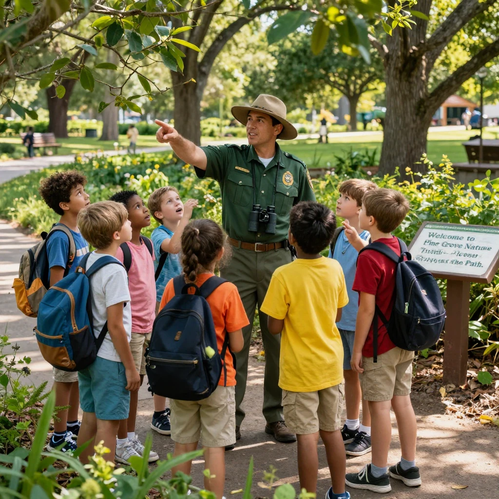 A park ranger leads a group of schoolchildren on a nature identification walk.