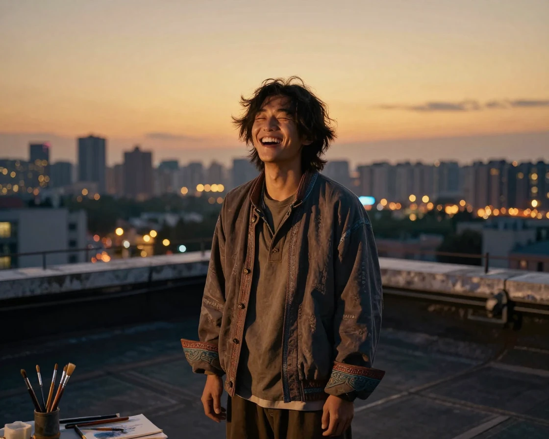 A young Mongolian artist laughing warmly with closed eyes on a rooftop overlooking a sleeping city