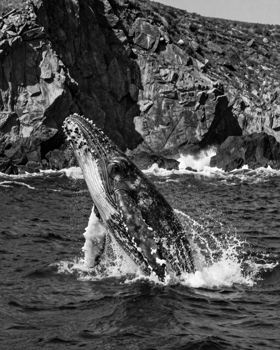 A humpback whale breaches the surface in a spray of foam off a rugged coastline.