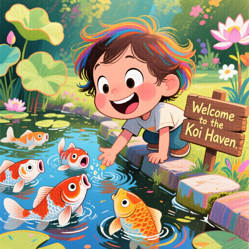 A child feeding hungry koi fish at the edge of a peaceful garden pond.