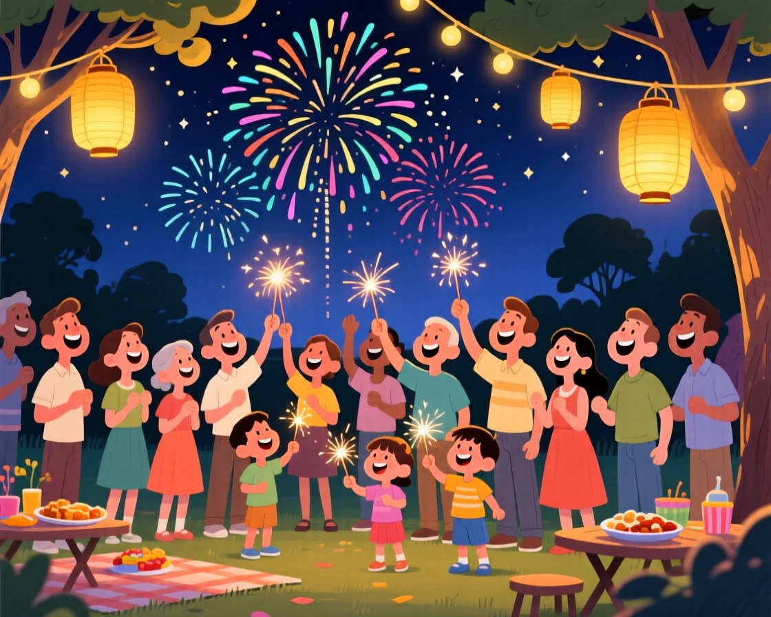 A festive celebration scene of a festive community lighting fireworks together on a warm summer night, with warm lanterns glowing softly nearby.