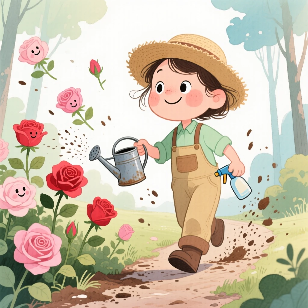 A gardener tending roses flying down a forest trail spraying dirt