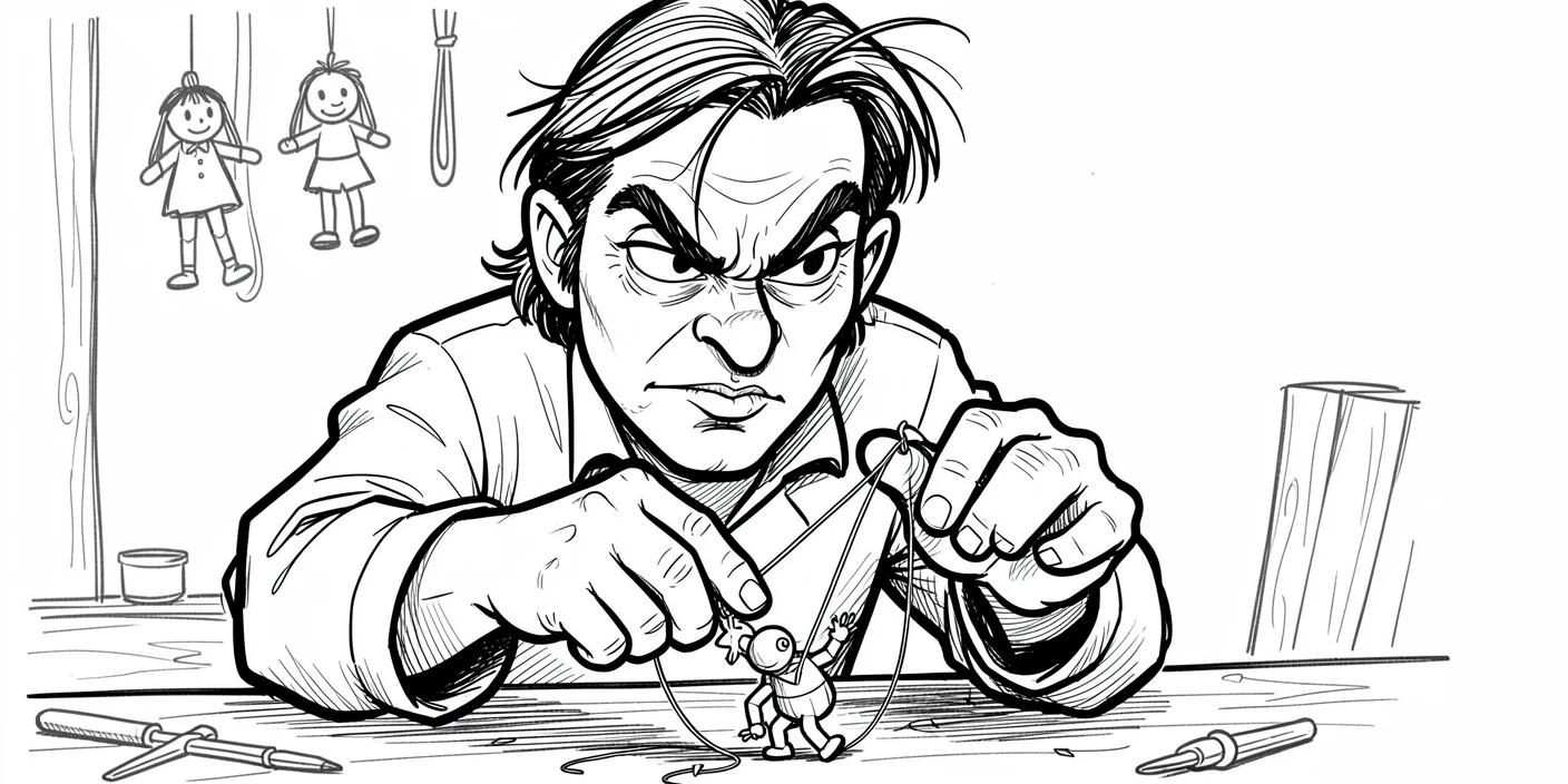 [Occupations & Hobbies] Detailed scene of a focused puppet maker demonstrating a signature technique, showcasing skill and dedication
