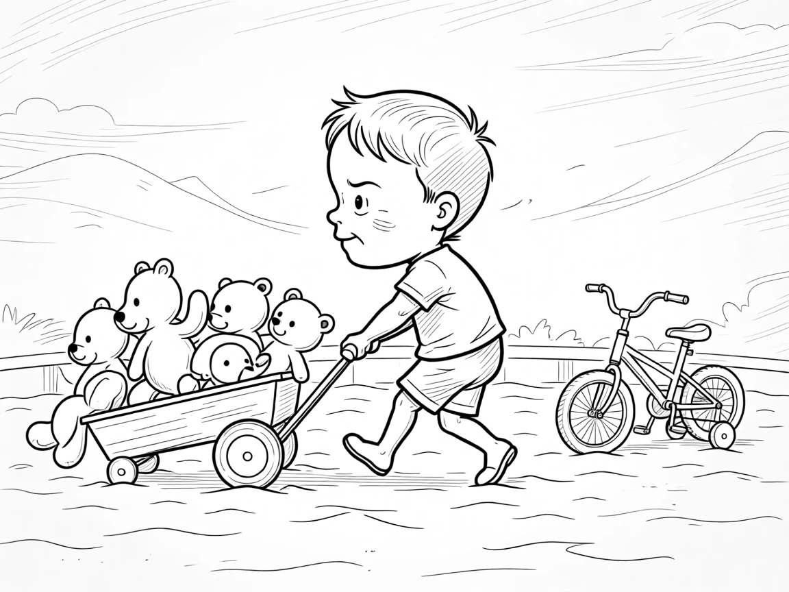 A kid pulling a wagon overloaded with stuffed animals, straining against the overloaded wagon handle, set in a sandy backyard sandbox. A tiny bicycle with training wheels waits nearby. It's a burst of pure, unfiltered childhood joy.
