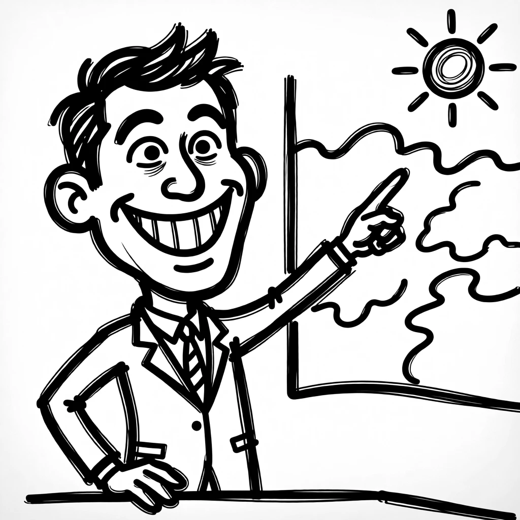 A weather forecaster gesturing at a map with a bright smile during a sunny broadcast.