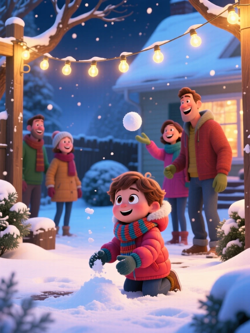 A child seeing snow for the first time unfolds in a backyard strung with string lights, with everyone's laughter filling the air. The atmosphere glows with gratitude and delight.