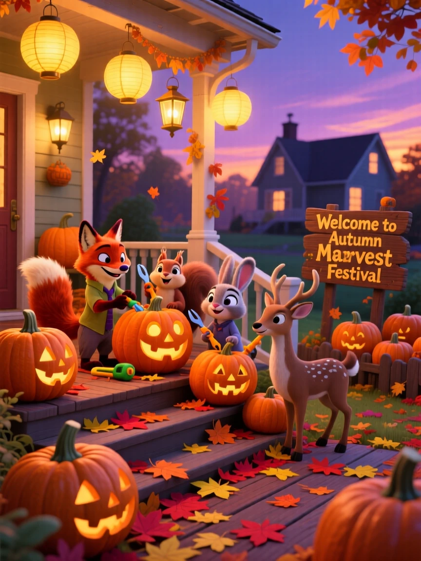 In a pumpkin-lined front porch, a group of woodland friends celebrate together by carving pumpkins on a porch surrounded by autumn leaves, as golden lanterns glow warmly.