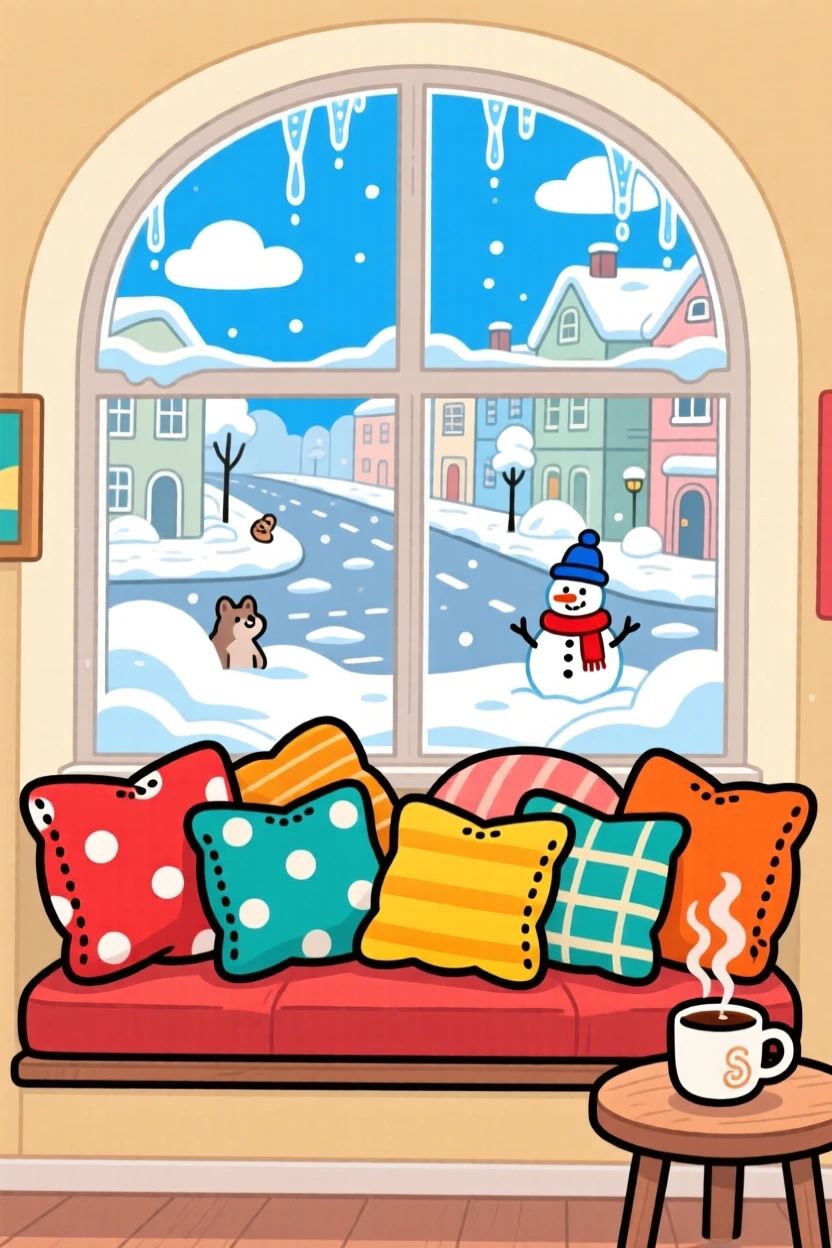 A window seat filled with cushions overlooking a snowy street.
