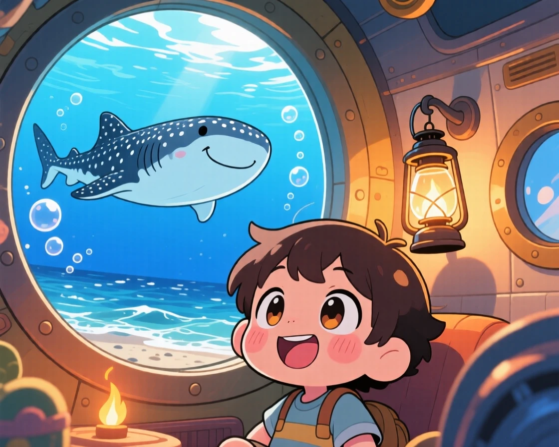 Low-angle shot looking up: a small child in a submarine, spotting a gentle whale shark, set against the deep blue open ocean on a breezy coastal afternoon, with cozy firelight and a mood of playful mischief.