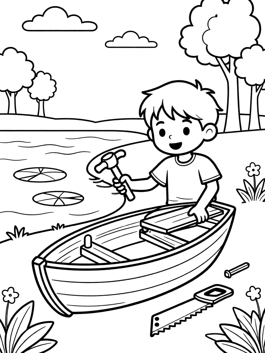 A young boy building a boat to sail across an enchanted lake