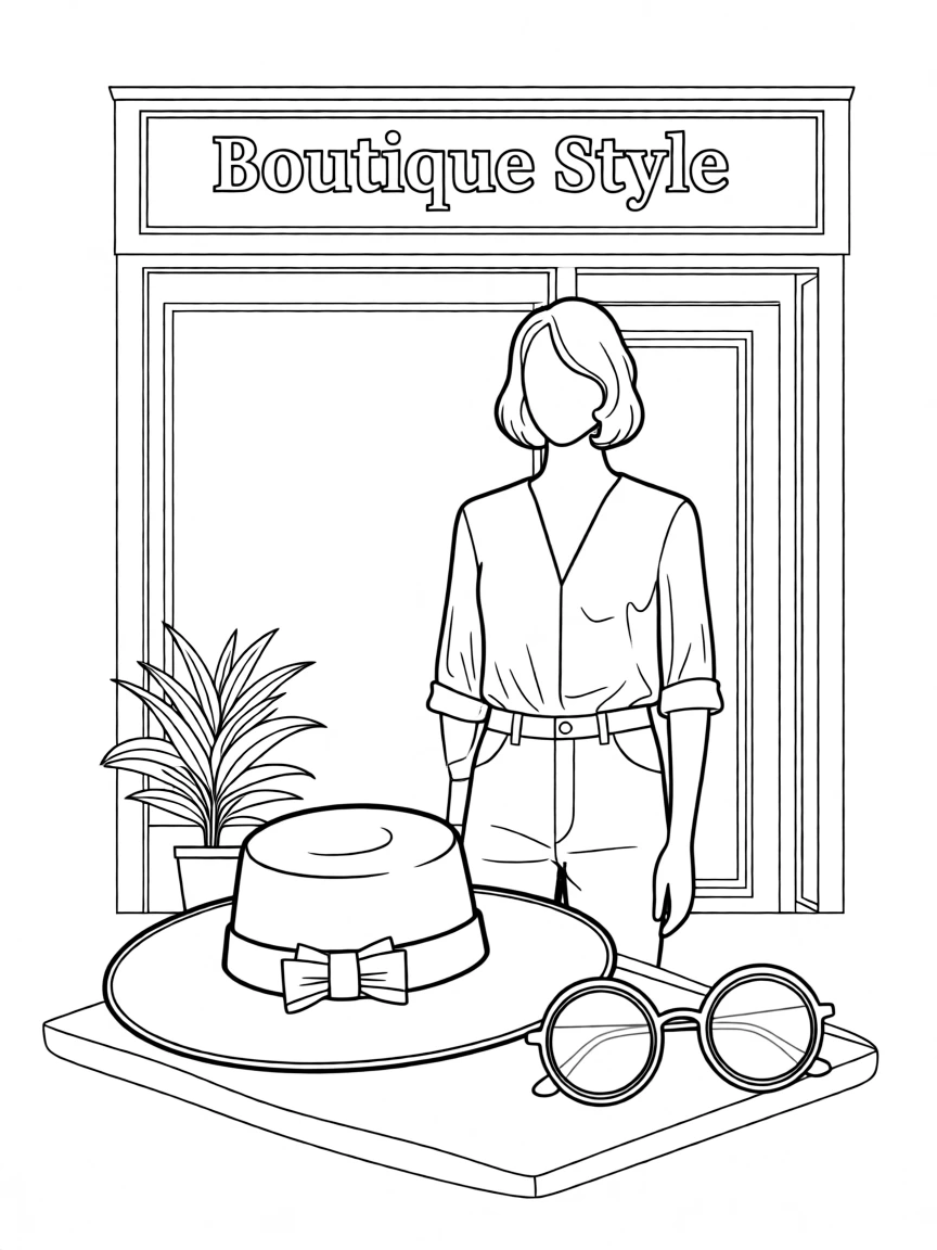 A wide-brim hat resting beside a pair of round sunglasses, displayed on a mannequin in a boutique window.