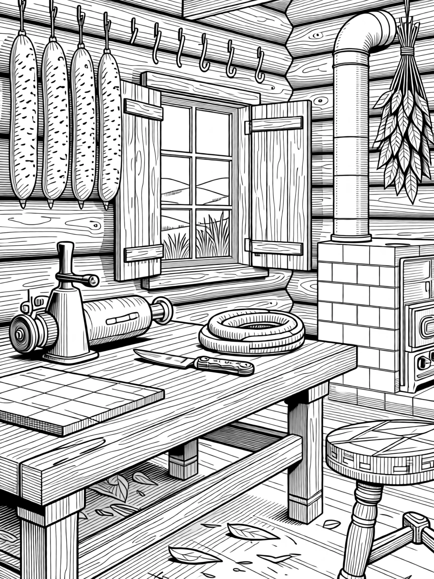A rustic sausage-making scene hanging in a countryside smokehouse.