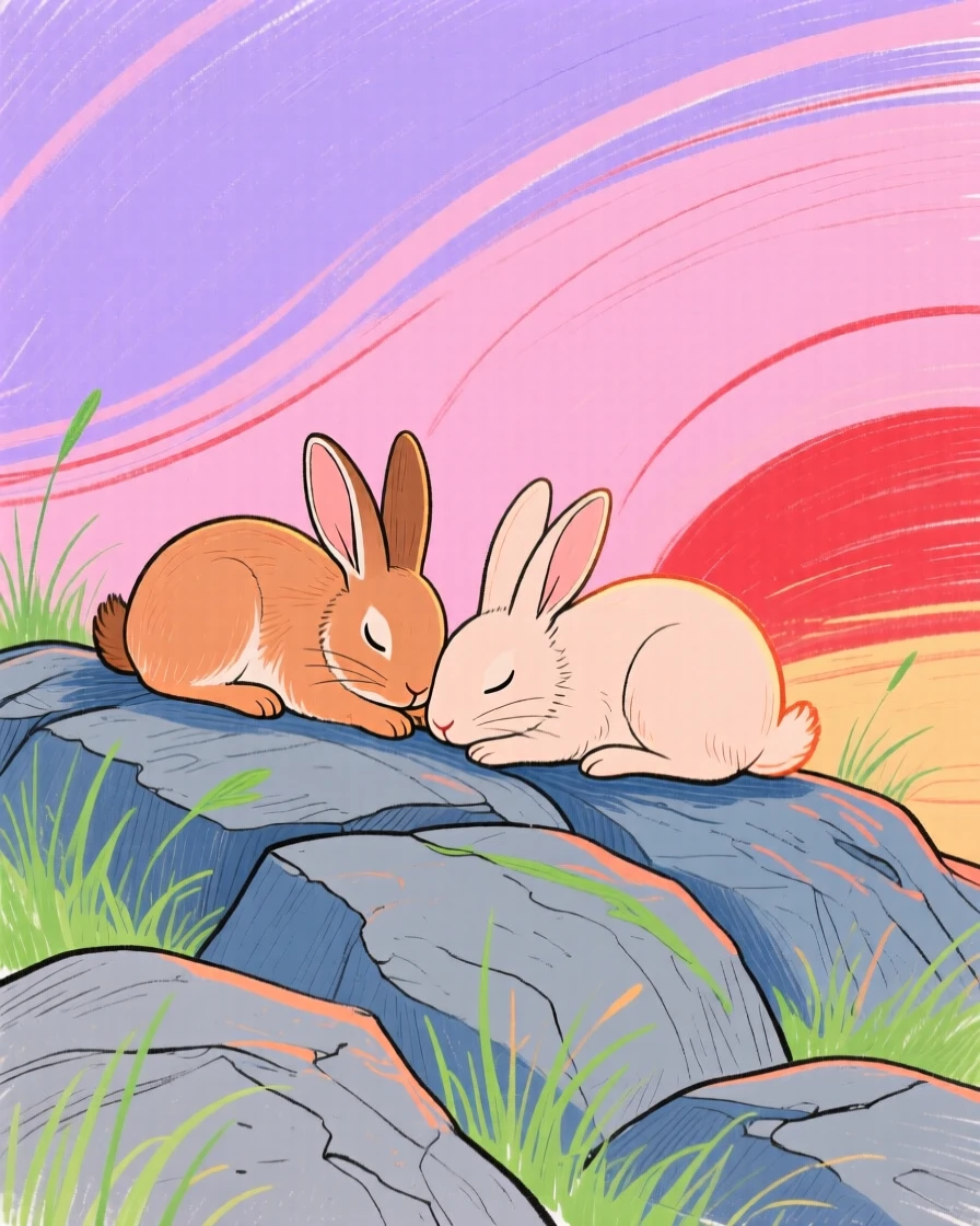 A pair of rabbits napping on a rocky hillside at sunset.