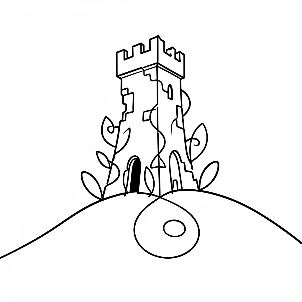 A ruined stone castle keep overgrown with ivy on a hilltop