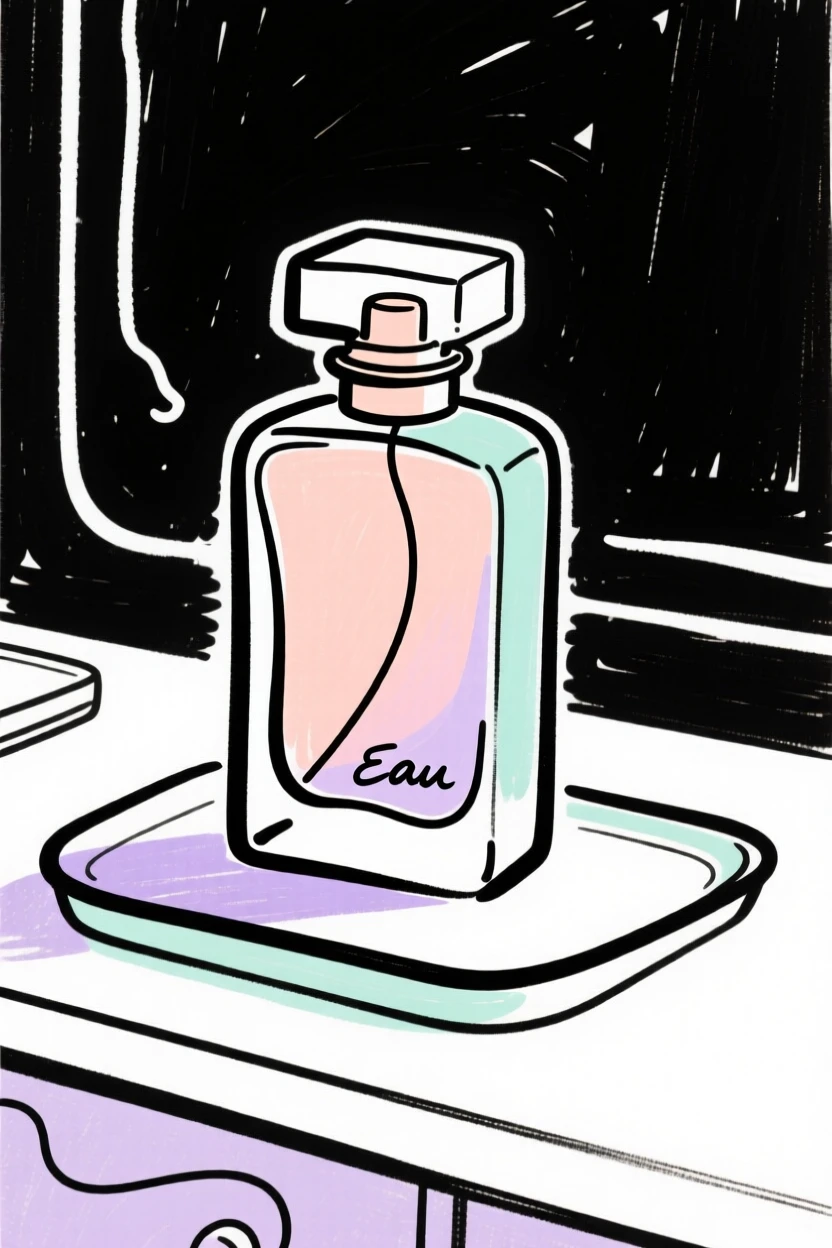 A perfume bottle on a vanity