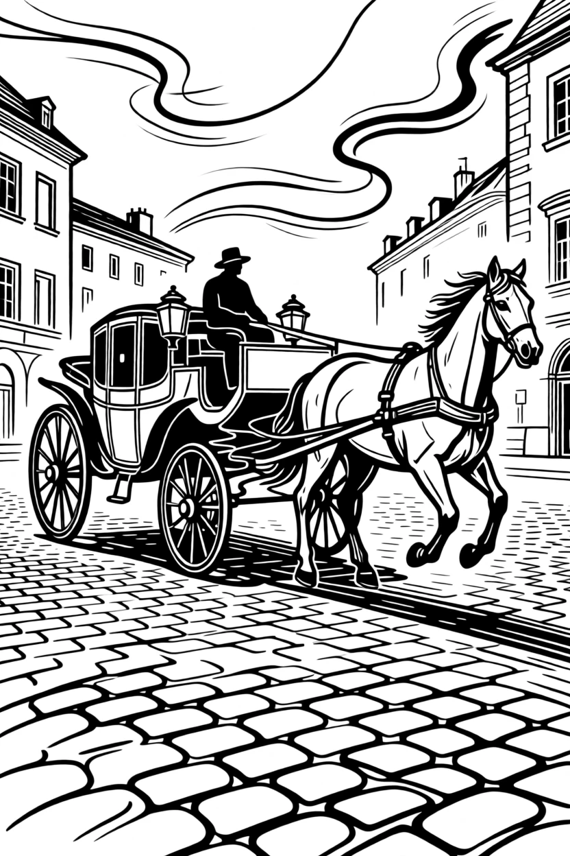 A vintage horse-drawn carriage crossing a cobblestone European square.