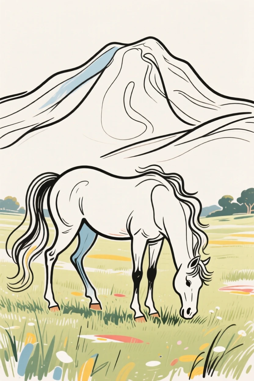 Pegasus grazing peacefully in a meadow beneath Mount Olympus.