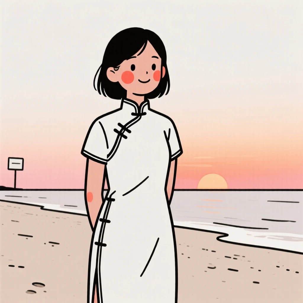 A high school student of Indian heritage wearing a Chinese qipao, exuding gentle warmth, on a sandy beach at sunset.