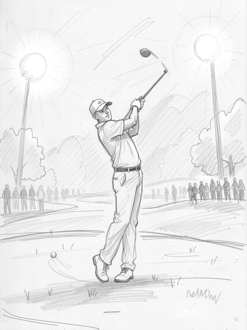 An energetic scene of a golfer mid-swing on a misty morning course under bright stadium lights, with the crowd blurred in the background.