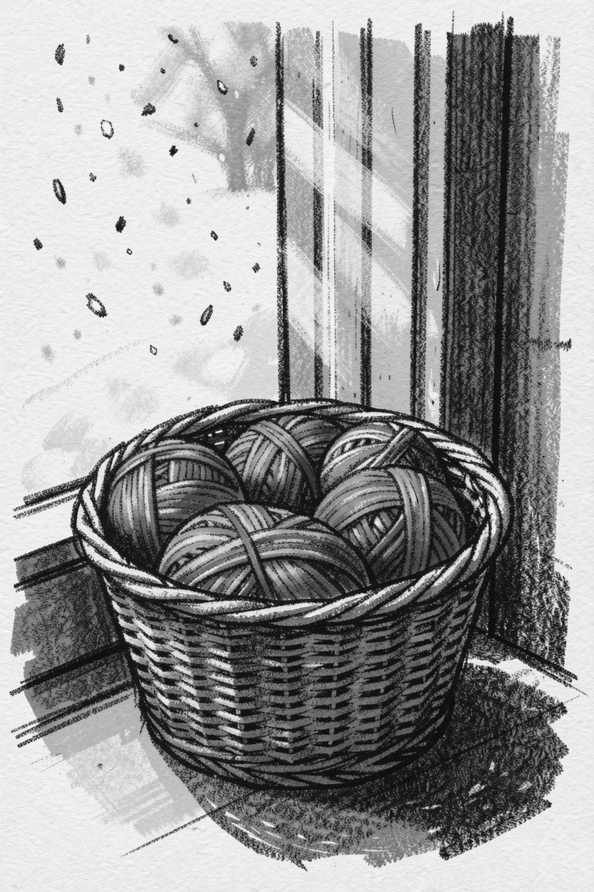 A knitting basket filled with colorful yarn beside a window, under a soft blanket of falling snow.