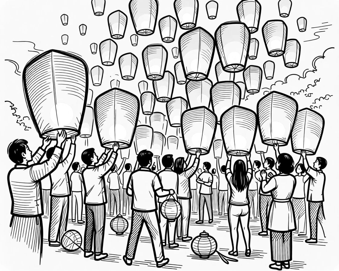 A traditional lantern festival with thousands of glowing lanterns released into the night sky.
