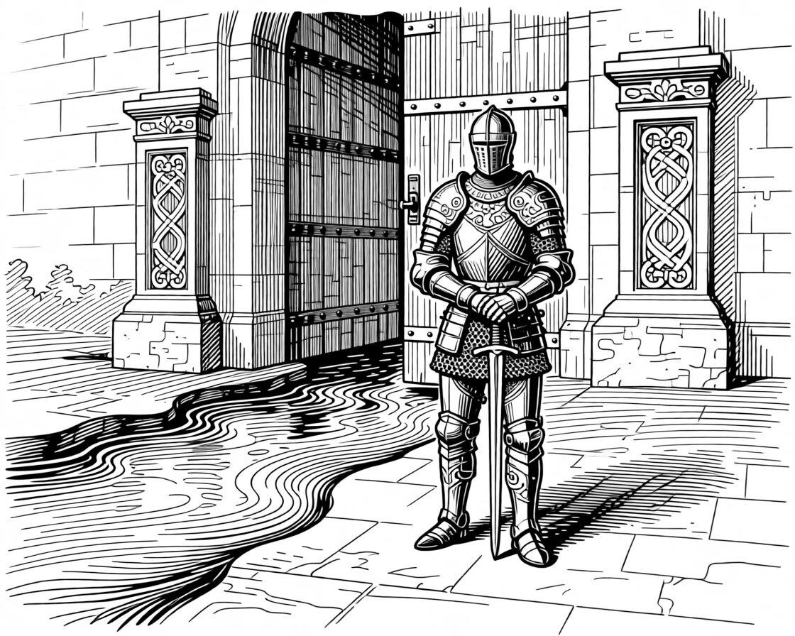 A medieval knight in full armor before a castle gate beside a river that has flowed for generations, with ornate carvings adorning nearby structures, portrayed in a peacefully ceremonial historical scene.