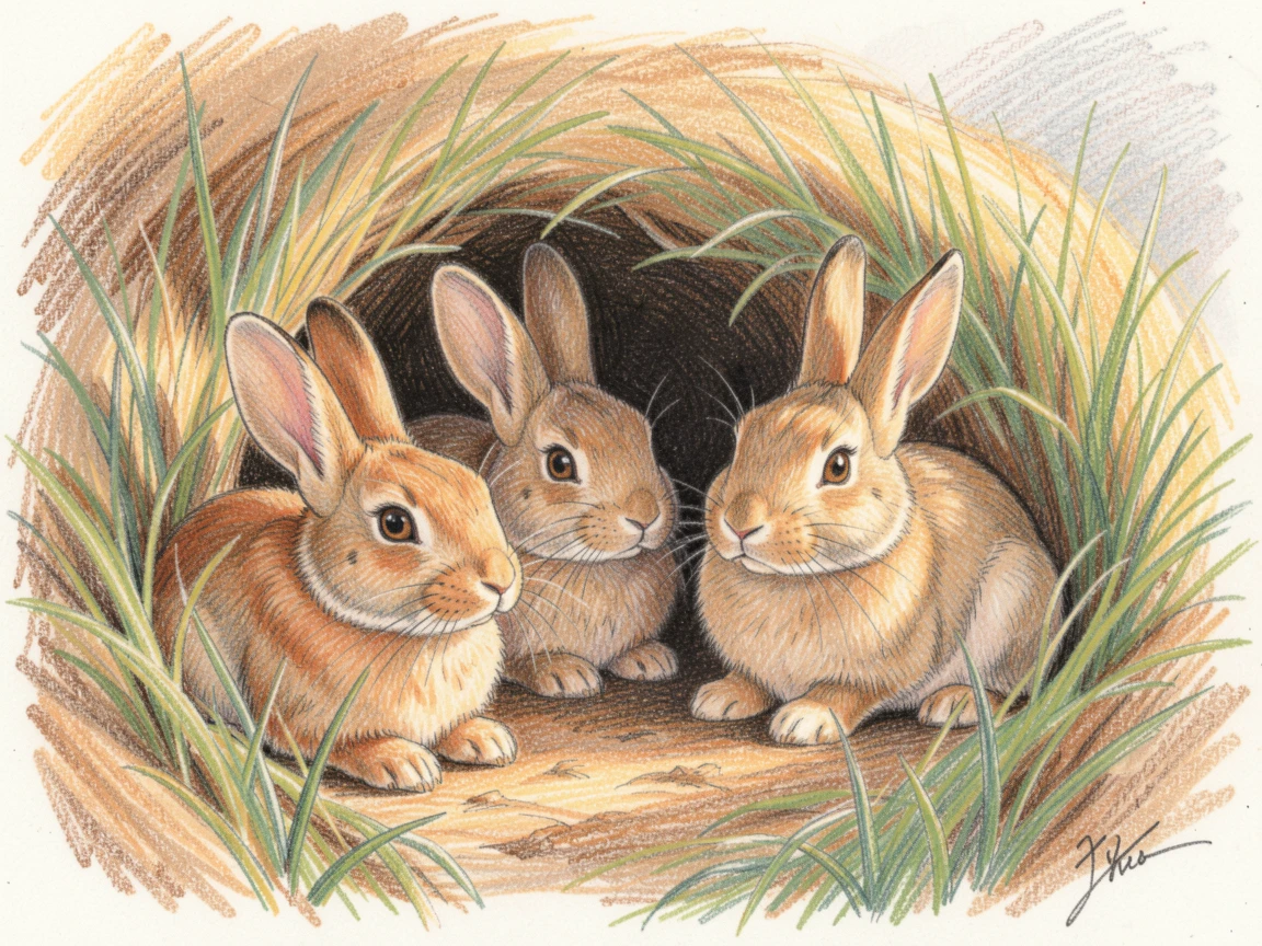 A family of rabbits nestled in a burrow lined with soft grass, bathed in the warm glow of golden-hour light, full of charm, emotion, and visual delight.