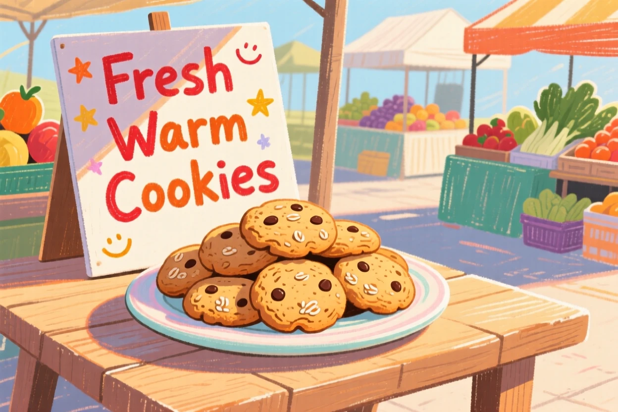A plate of warm cookies displayed at a sunny farmers market stall.