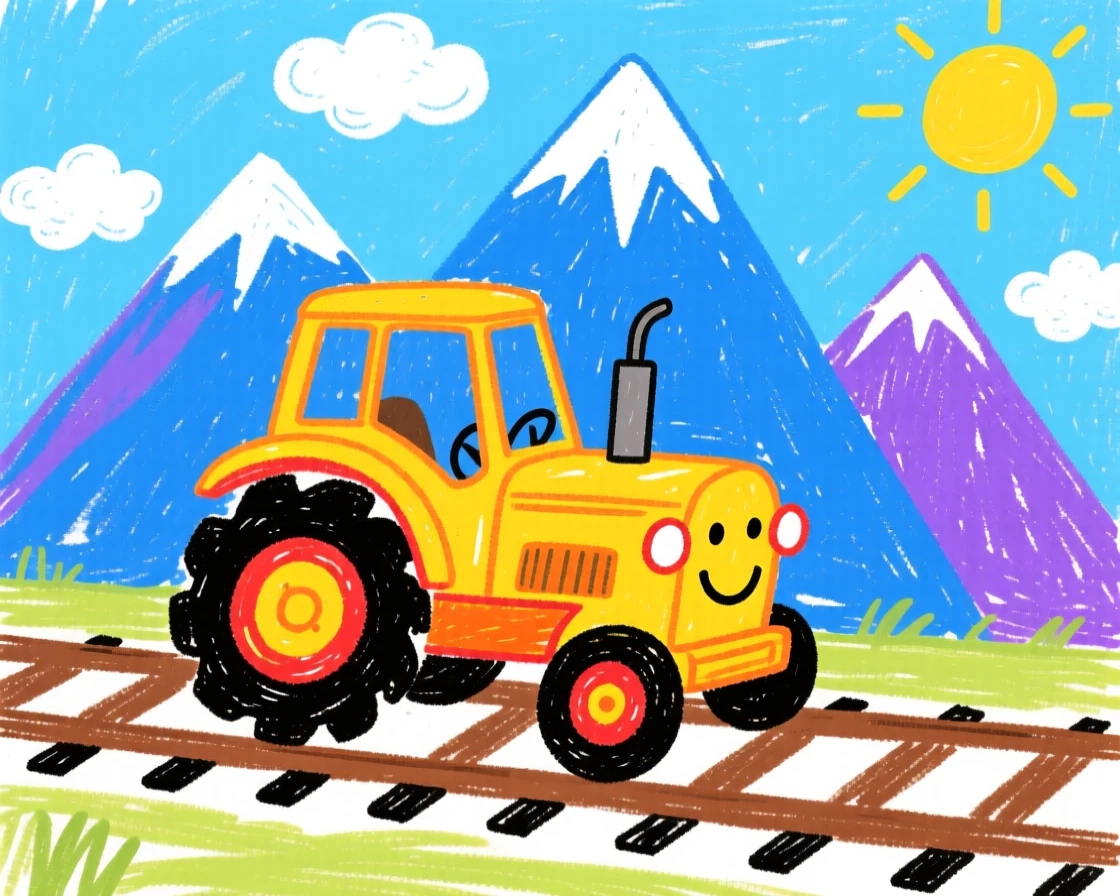 A sturdy yellow tractor chugging along tracks beside a mountain range.