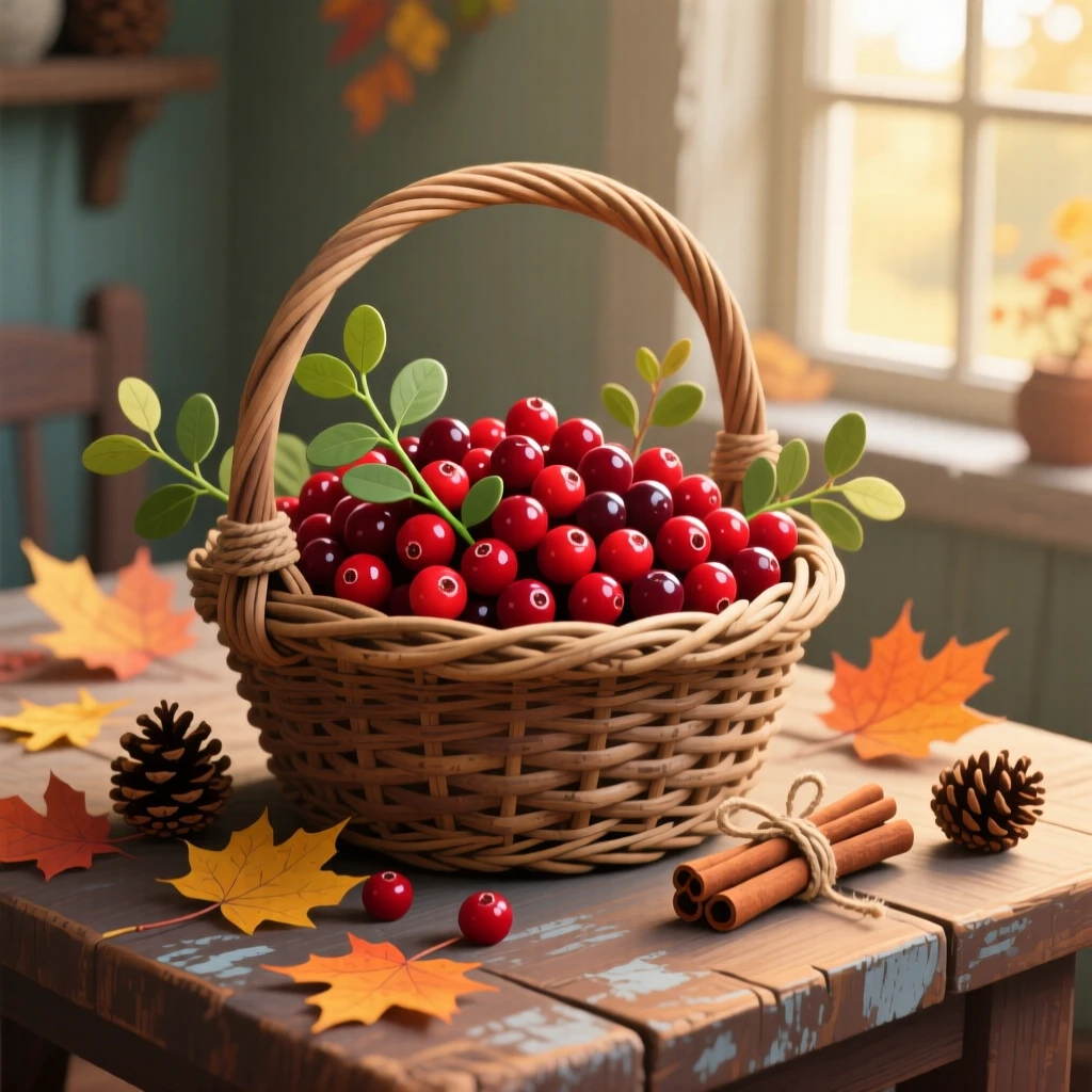 A basket of fresh autumn cranberries harvested from a bog, set within a cozy, seasonally decorated space, arranged with a nostalgic, seasonal storybook quality, with a fresh, crisp atmosphere throughout.