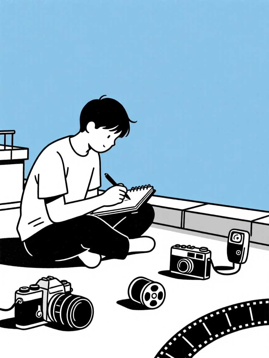 A person sketching in a notebook in a rooftop under open sky, surrounded by vintage camera equipment, showing creative flow.