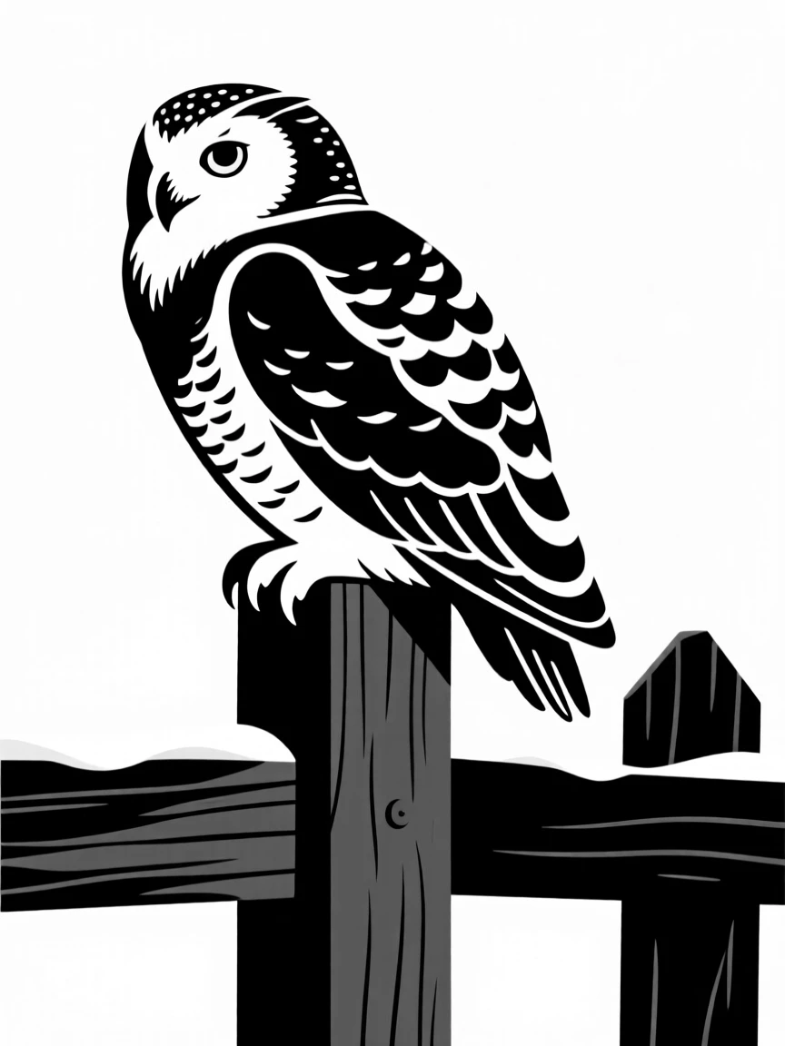 A snowy owl resting on a wooden fence post.