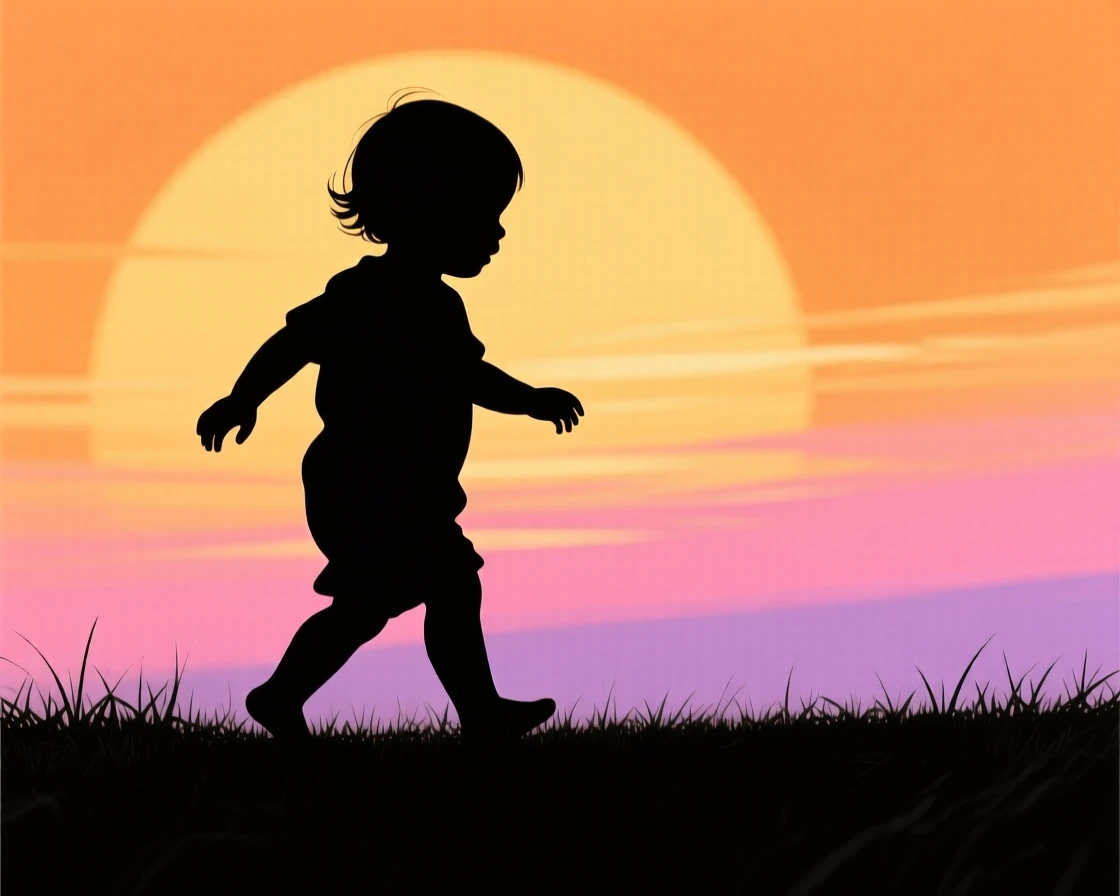 A young child taking their first steps across a grassy backyard.