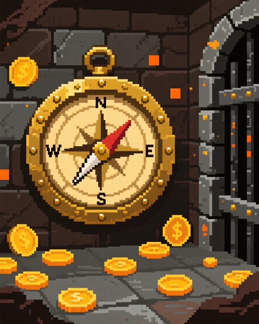 An old brass compass surrounded by scattered gold coins, within an ancient hidden vault.