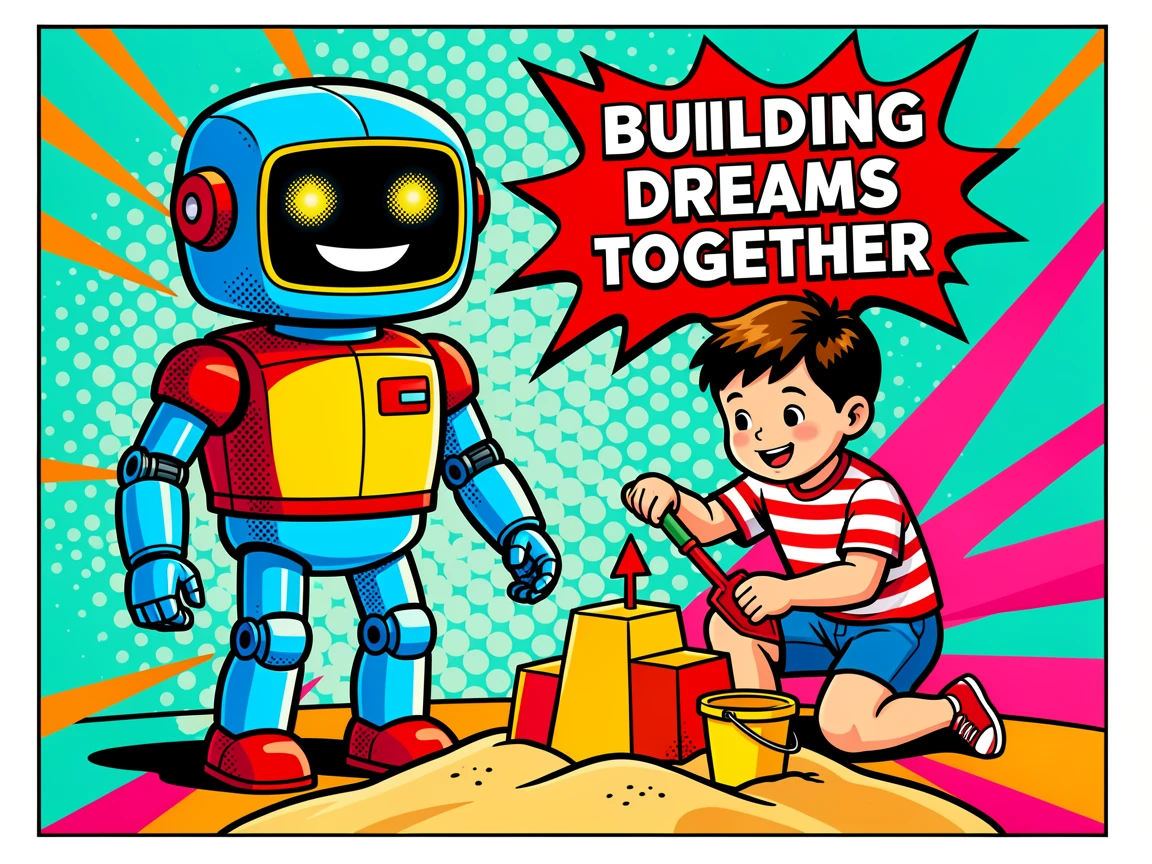A friendly robot helping a child build a sandcastle