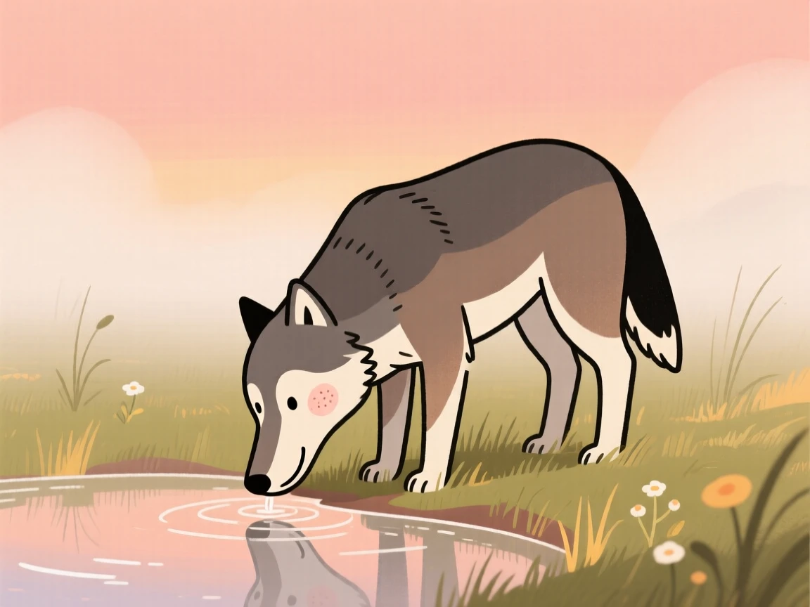 A wolf stands at the edge of a misty meadow, drinking from the water as the evening glow paints the sky in warm colors.