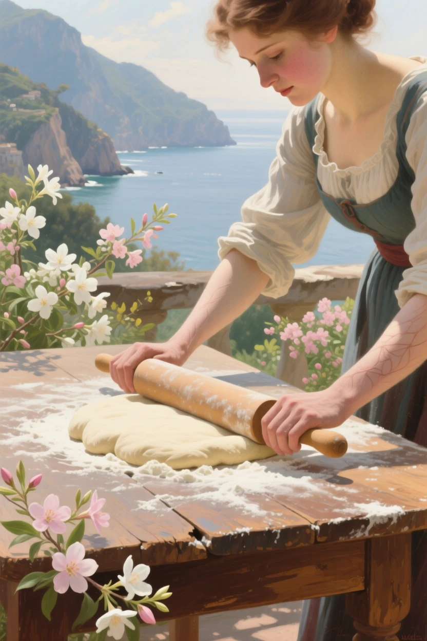 An intimate close-up of a woman rolling out dough on a flour-dusted wooden table, along the Amalfi coast, as spring blossoms open.