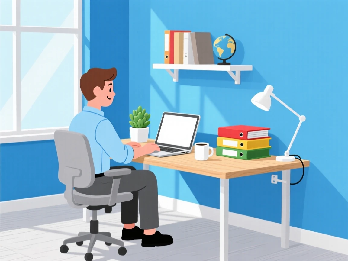 Cartoon illustration of a man working at a desk in a bright, modern office with blue walls and natural light.